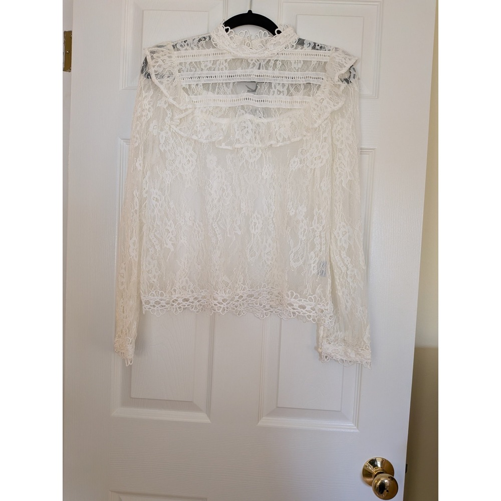 Love University White Lace Ruffle High Neck Blouse Long Sleeve Top 3137 NEW L - Picture 4 of 10
